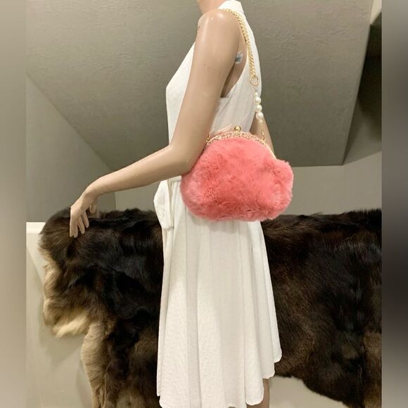 Handmade Real Rex Rabbit Fur Rhinestone Kisslock Wristlet/Crossbody/Evening Bag - Picture 2 of 16